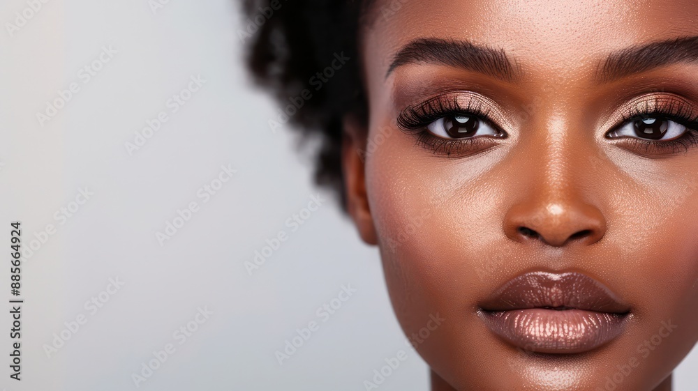 A woman with dark hair and brown eyes is wearing makeup. The makeup is applied to her face, and she has a slight smile on her face. Concept of confidence and beauty A woman with dark hair and brown eyes is wearing makeup. The makeup is applied to her face, and she has a slight smile on her face. Concept of confidence and beauty