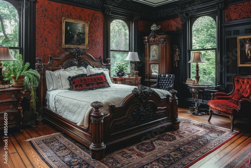 Hotel Room With Gothic Revival: Dark colors, ornate furniture, and dramatic decor.  photo