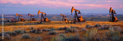 Iconic oil pump jacks silhouetted against a scenic dusk skyline in a rural oilfield landscape. The tall,swaying pump units extract crude oil or natural gas from underground reservoirs. photo