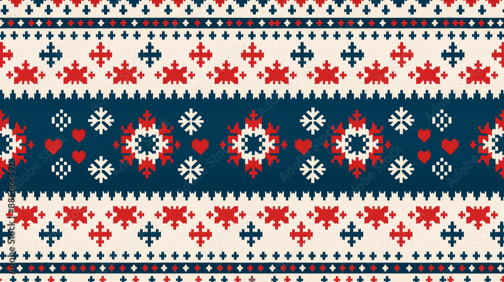 A blue and white striped pattern with red and white hearts and snowflakes A blue and white striped pattern with red and white hearts and snowflakes