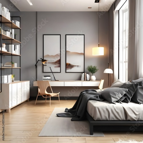 modern bedroom with couple shelves and table