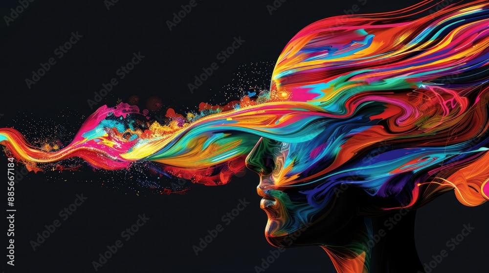 Fototapeta premium A sleek profile of a head, with a stream of vibrant abstract colors pouring out, symbolizing the flow of ideas and inspiration from the depths of imagination.