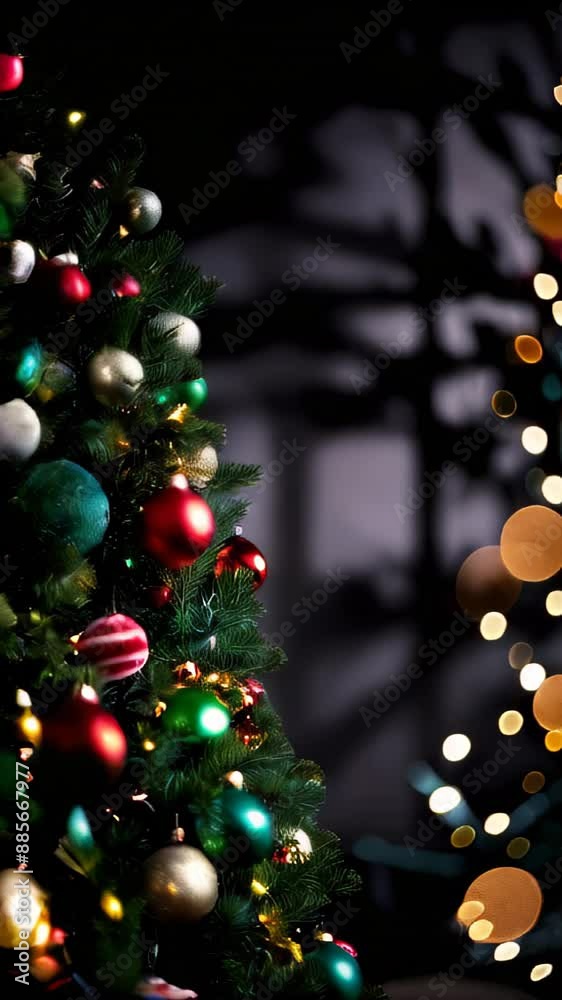 Christmas tree decorated with Christmas ornaments and Christmas lights garlands against bokeh background. Christmas slow motion background Christmas tree decorated with Christmas ornaments and Christmas lights garlands against bokeh background. Christmas slow motion background