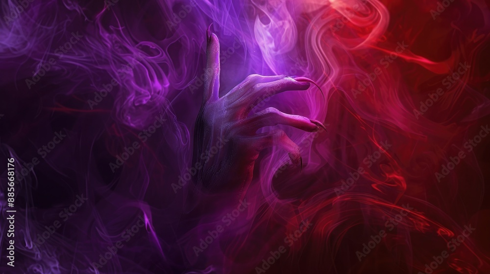 A spectral vampire hand breaks through the veil of darkness, its ghostly form illuminated by the swirling purple and red hues of the background A spectral vampire hand breaks through the veil of darkness, its ghostly form illuminated by the swirling purple and red hues of the background
