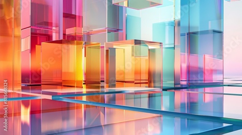 Captivating 3D abstract glass architecture with chromatic gradient and minimalist square shapes,creating a serene and futuristic visual experience.