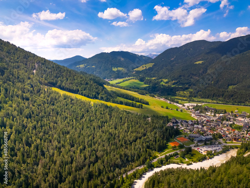 Fényképezés Drone view of Kranjska Gora in Slovenia. Landscape of Julian Alps