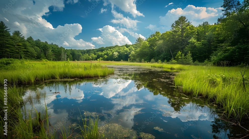 Serene Reflection of Wilderness Landscape in Tranquil Lake or River Serene Reflection of Wilderness Landscape in Tranquil Lake or River