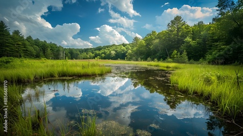 Serene Reflection of Wilderness Landscape in Tranquil Lake or River
