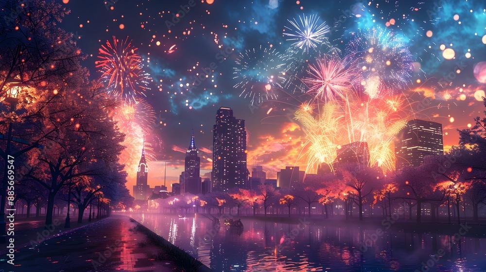 Spectacular Fireworks Display Lighting Up the Night Sky Over a Vibrant City Skyline Spectacular Fireworks Display Lighting Up the Night Sky Over a Vibrant City Skyline