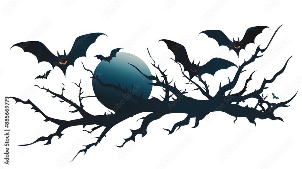 Fototapeta premium Spooky Halloween Night with Bats Silhouetted against Crescent Moon in Sky