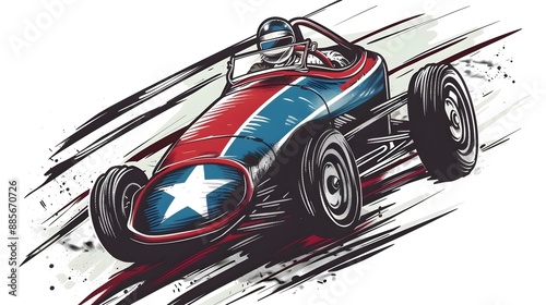 Stylized Soapbox Derby Racing Car on Labor Day Holiday Background