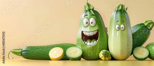 Funny zucchinis with cartoon faces in a whimsical arrangement, creating a playful and lighthearted vegetable scene.