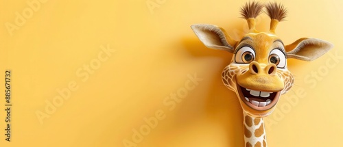 Smiling cartoon giraffe against a yellow background, creating a cheerful and playful atmosphere. Ideal for children's content and decor. photo