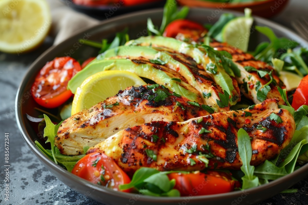 Grilled Chicken and Avocado Salad with Cherry Tomatoes and Lemon Dressing for A Healthy Lunch Grilled Chicken and Avocado Salad with Cherry Tomatoes and Lemon Dressing for A Healthy Lunch