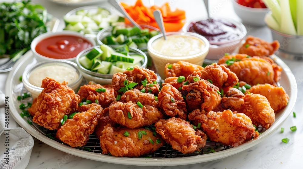 fried chicken pieces, surrounded by colorful dipping sauces fried chicken pieces, surrounded by colorful dipping sauces
