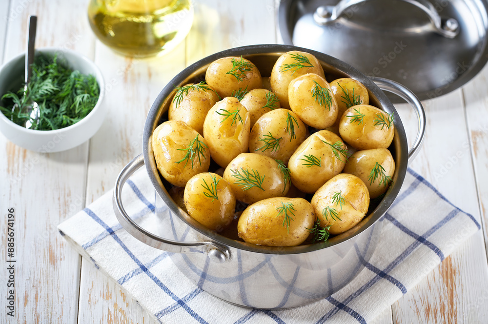 Boiled young potatoes with butter and fresh dill in a white wooden table, selective focus. Top view. Boiled young potatoes with butter and fresh dill in a white wooden table, selective focus. Top view.