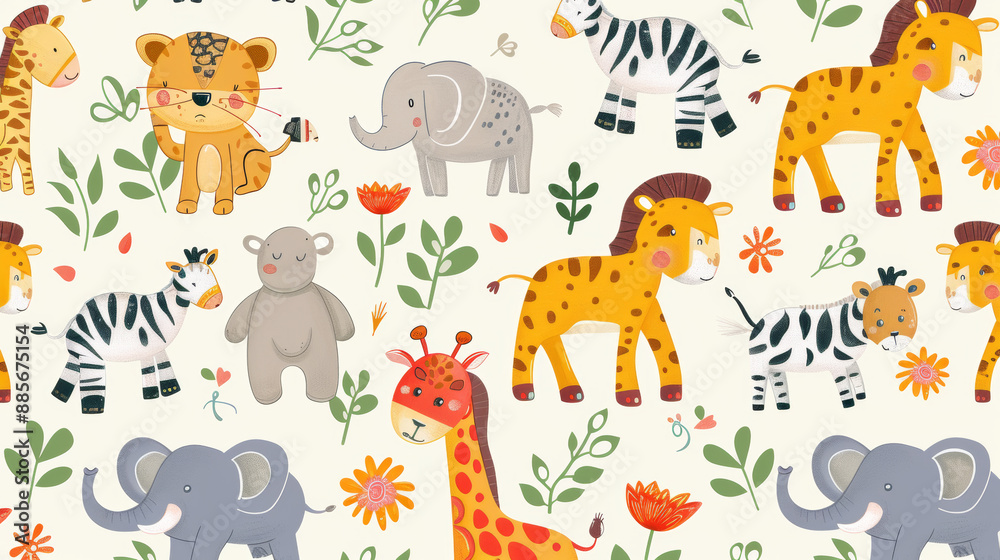 Obraz premium Adorable safari animals like elephants, tigers, and giraffes are on this fun pattern. Perfect for kids or babies.