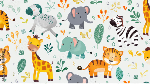 Fototapeta Naklejka Na Ścianę i Meble -  Adorable safari animals like elephants, tigers, and giraffes are on this fun pattern. Perfect for kids or babies.