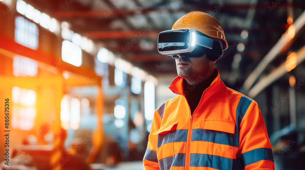 A construction worker in safety uniform wearing a VR headset working at modern workplace
A construction worker in safety uniform wearing a VR headset working at modern workplace