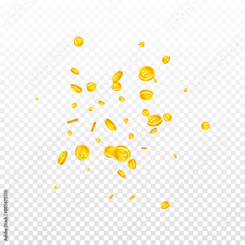 Chinese yuan coins falling. Scattered gold CNY