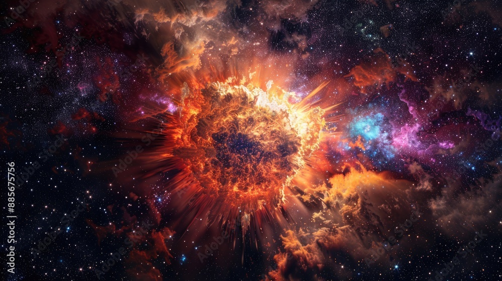 A stunning supernova explosion, with radiant colors and cosmic clouds spreading outwards, framed by a backdrop of countless stars. A stunning supernova explosion, with radiant colors and cosmic clouds spreading outwards, framed by a backdrop of countless stars.