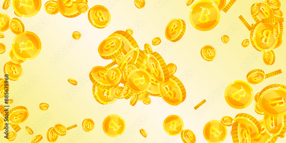 Bitcoin coins falling. Cryptocurrency scattered Bitcoin coins falling. Cryptocurrency scattered