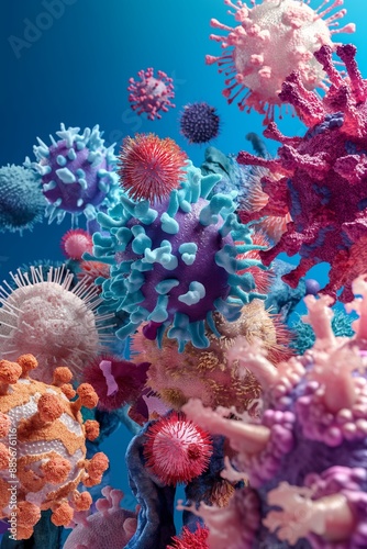 A vibrant and color-filled micro view depiction of an assortment of viruses showcased against a blue backdrop, highlighting diversity. © StockUp