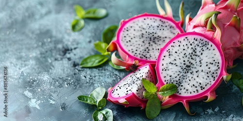 Fresh dragon fruit with black seeds on white surface captured in close-up shot. Concept Close-Up Photography, Food Styling, Tropical Fruits, Vibrant Colors photo