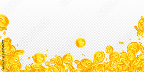 Russian ruble coins falling. Scattered gold RUB