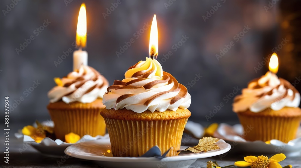 A solitary cupcake with a candle, resting on a dark surface