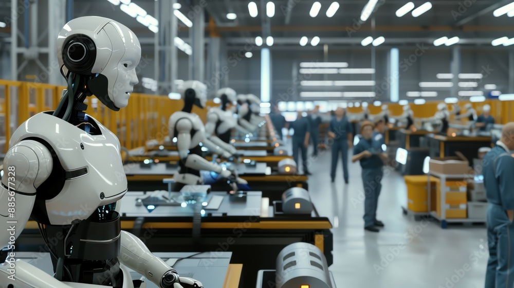 Robots and human workers collaborate on a modern assembly line in a futuristic factory.