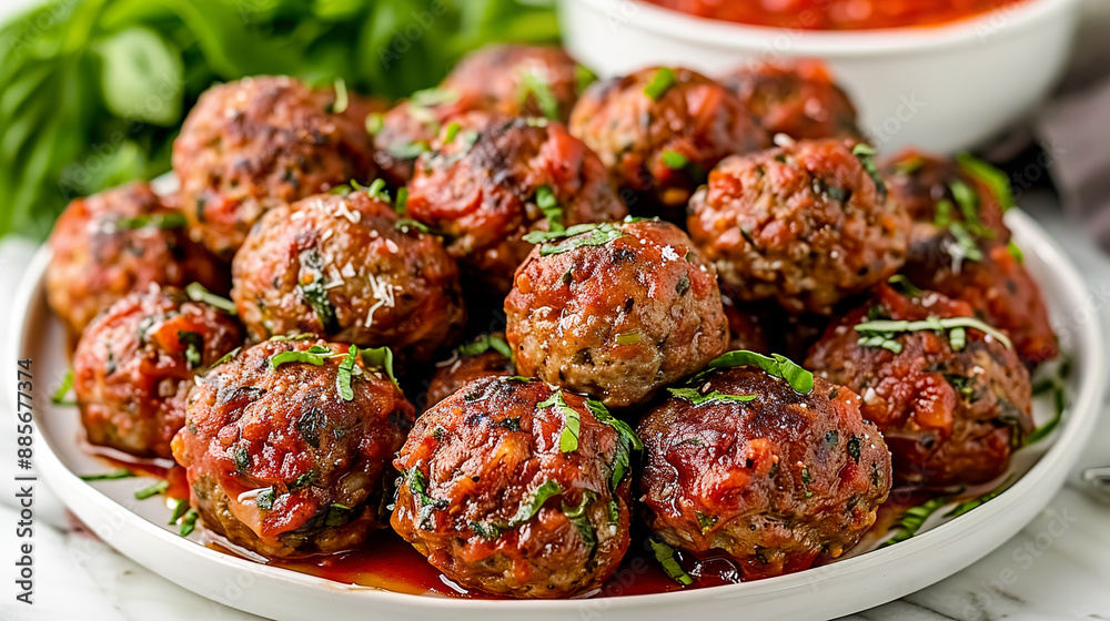 Grilled meatballs with tomato sauce and parsley on white plate Grilled meatballs with tomato sauce and parsley on white plate