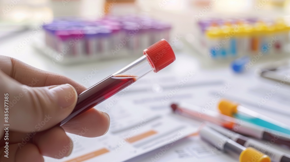 Blood sample tube held by hand. A close-up of a hand holding a blood sample tube, with other test tubes in the background. Blood sample tube held by hand. A close-up of a hand holding a blood sample tube, with other test tubes in the background.