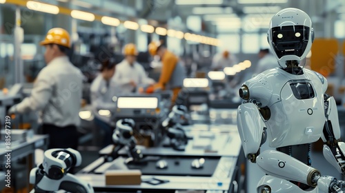 A futuristic robot stands on an assembly line in a factory, surrounded by human workers.