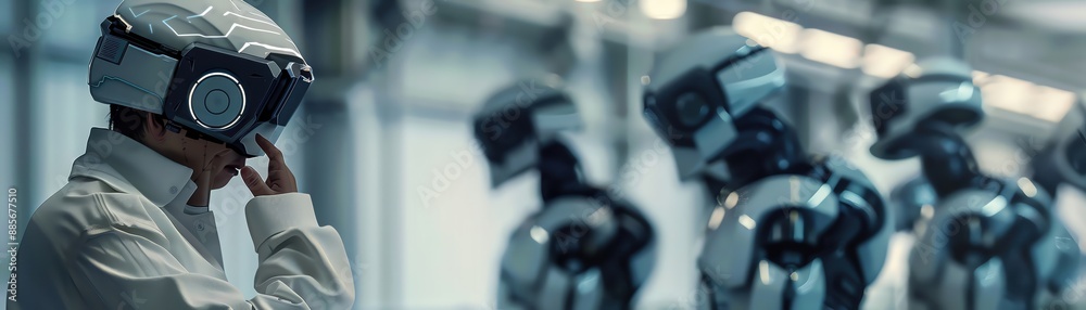 A person wearing a futuristic helmet stands in front of a row of robots. A person wearing a futuristic helmet stands in front of a row of robots.