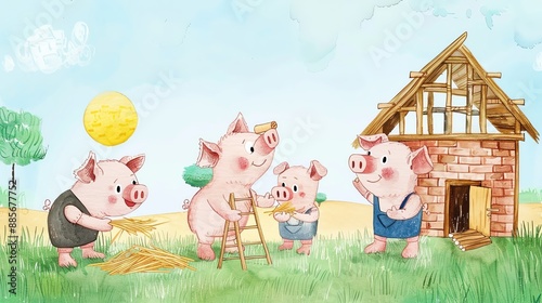 Three little pigs building a house with straw, sticks and bricks.