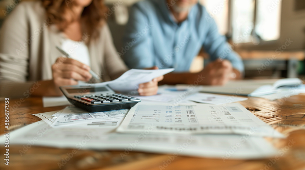Couple working on home finance with paperwork on a desk Couple working on home finance with paperwork on a desk