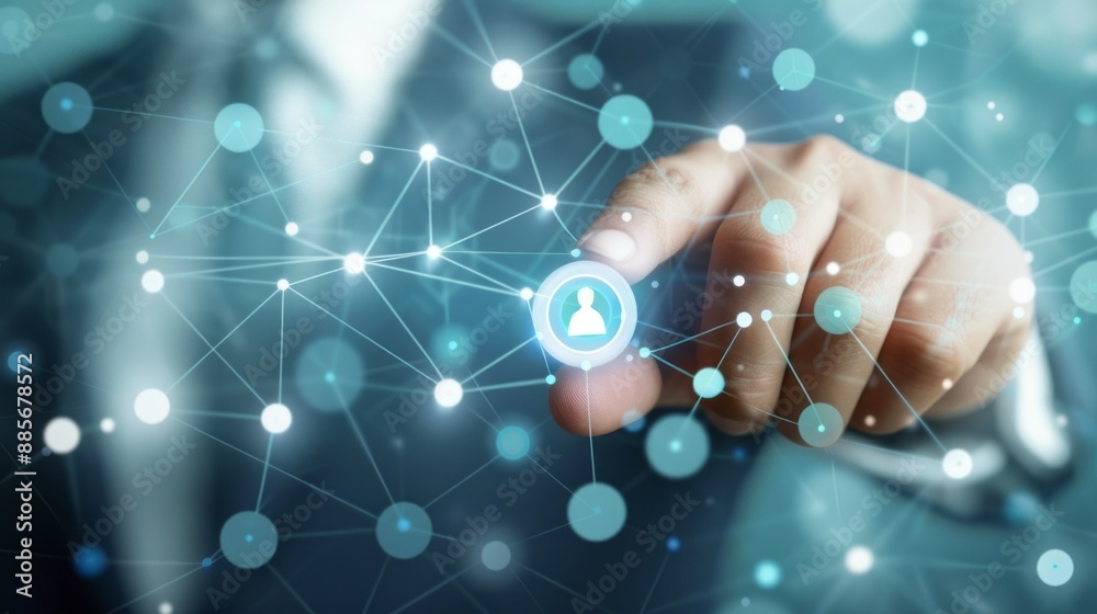 Businessman connecting network nodes. Hand pointing at network nodes, representing connections and collaboration. Businessman connecting network nodes. Hand pointing at network nodes, representing connections and collaboration.