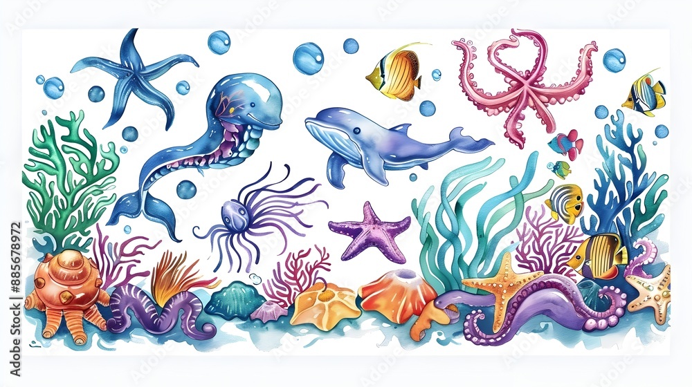 Vibrant Underwater Sea Life for Sticker and Shirt Design on White Background