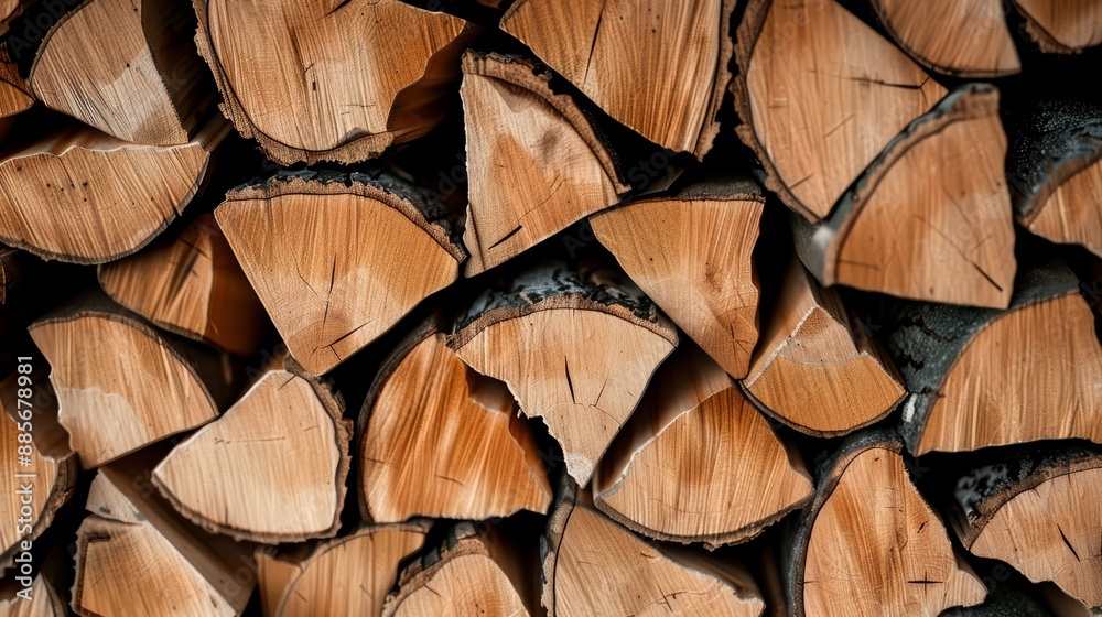 Stacked firewood in close-up, showcasing realistic textures and details, with a hyper-realistic approach and cinematic lighting Stacked firewood in close-up, showcasing realistic textures and details, with a hyper-realistic approach and cinematic lighting