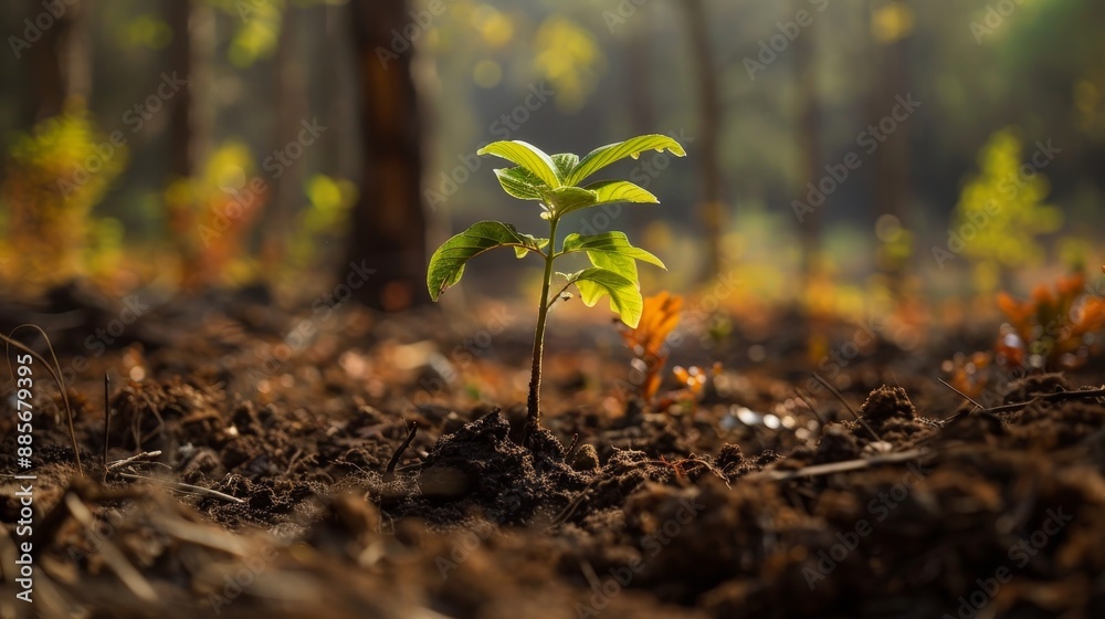 A close-up of a tree sapling being planted in a deforested area. A close-up of a tree sapling being planted in a deforested area.