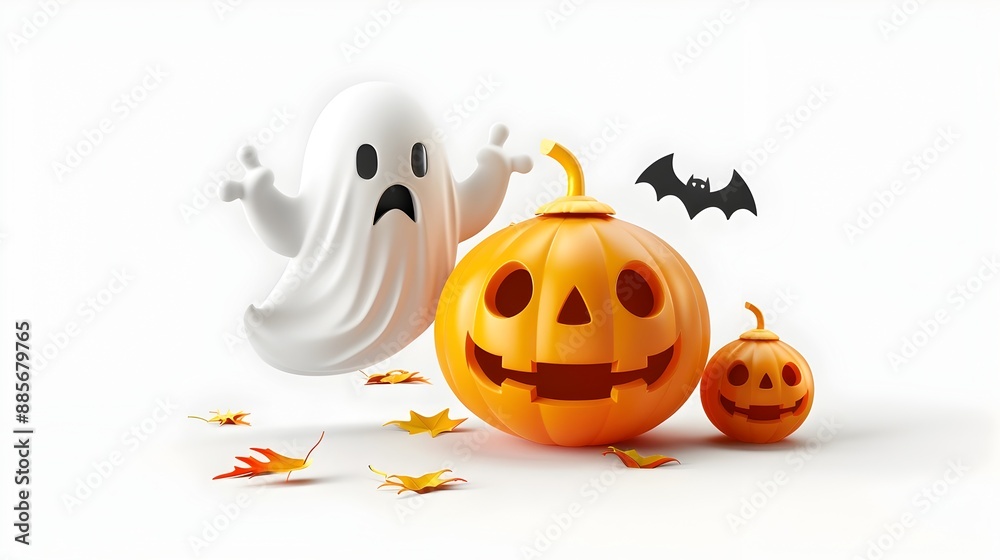 Whimsical 3D Halloween Symbols with Ghost and Pumpkin on White Background