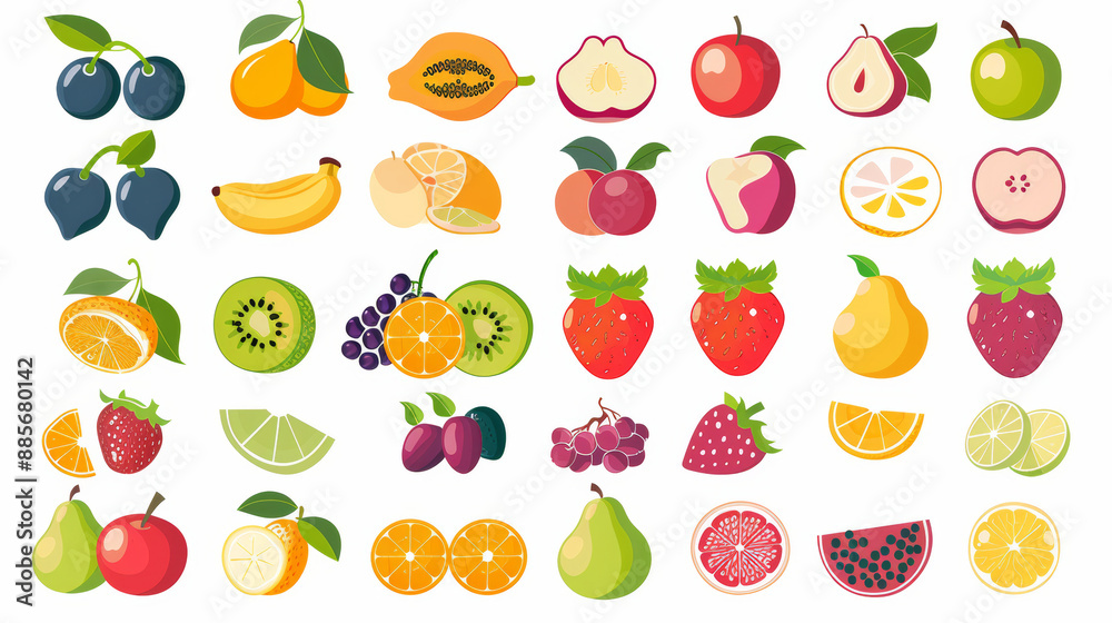 Set of vector icons with illustrations of various colored and monochrome fruits and berries for use in design of farm products, market labels, and vegetarian shop materials.