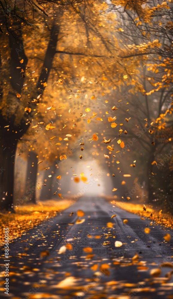 A picturesque forest road is lit up by the soft golden light of autumn, with golden leaves cascading down in the mist, creating an ethereal atmosphere that perfectly captures the transient beauty of A picturesque forest road is lit up by the soft golden light of autumn, with golden leaves cascading down in the mist, creating an ethereal atmosphere that perfectly captures the transient beauty of