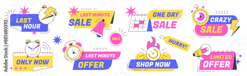 Last time offer badges with alarm clock, calendar, stopwatch and megaphone icon. Promo discount sticker set. Hot sale banner template design. Limited special promotion, countdown, one day sales labels