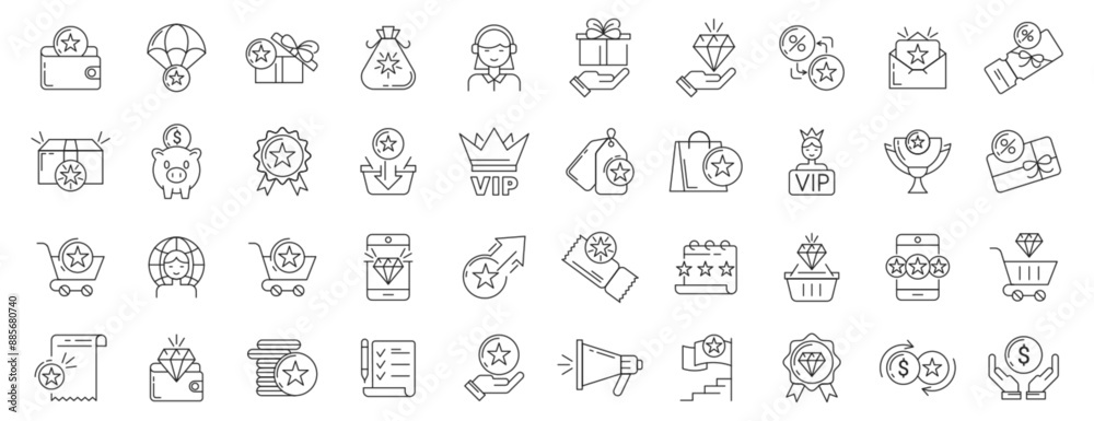 Loyalty program icons, exclusive benefits and gifts for vip members. Vector hand drawn signs of customer reward, loyal clients incentive, voucher, discount card or coupon. Bonus stars symbols in bag. Loyalty program icons, exclusive benefits and gifts for vip members. Vector hand drawn signs of customer reward, loyal clients incentive, voucher, discount card or coupon. Bonus stars symbols in bag.