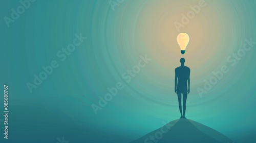 Person lightbulb inspiration concept. A silhouette of a person standing with a glowing lightbulb above their head, symbolizing a new idea or inspiration.