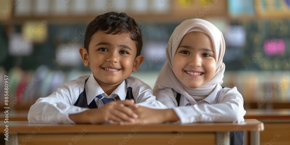 Back to school theme features two seven-year-old pupils from diverse ...