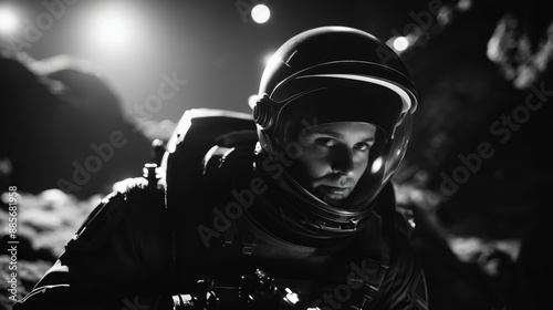 Man in Helmet and Goggles Exploring Cave photo