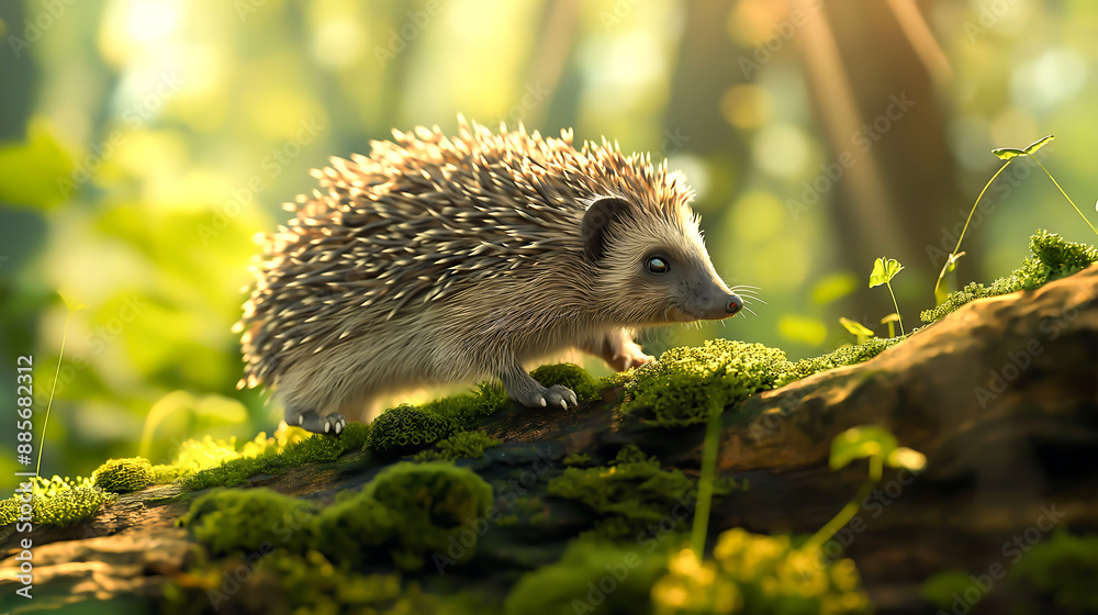 A cute hedgehog on a wood with moss in the rainforest A cute hedgehog on a wood with moss in the rainforest